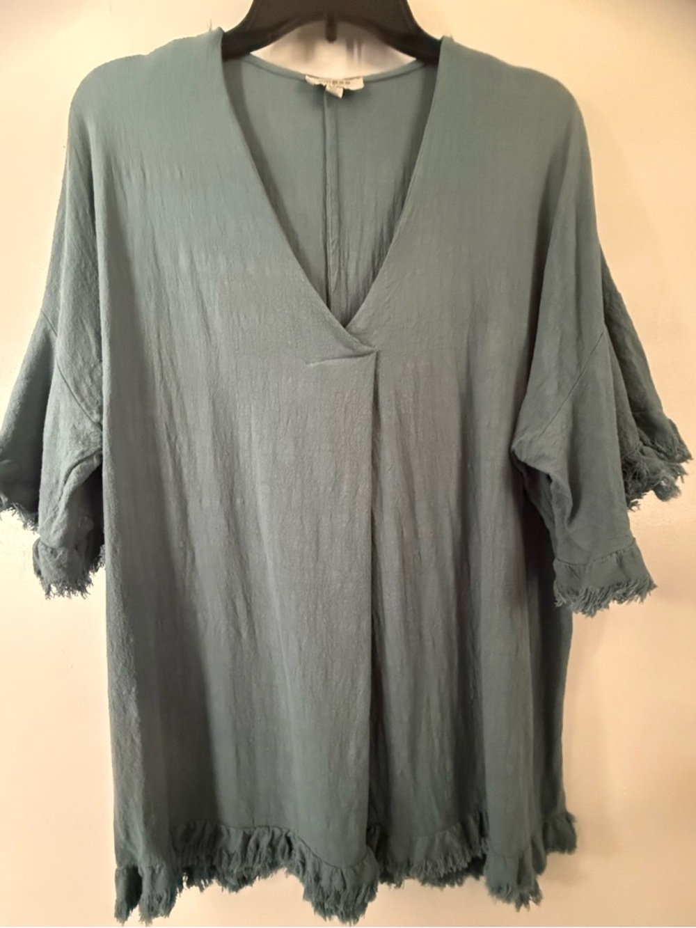 Umgee Teal V-Neck Fringe Tunic Top